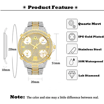 MISSFOX 51MM Lielgabarīta Vīriešu Luksusa Skatīties 5 Laika joslas Pilnas Bruģēts Balto Dimantu Skatīties Vīrieši, kas Paredzētas Sarežģītu Timepieces