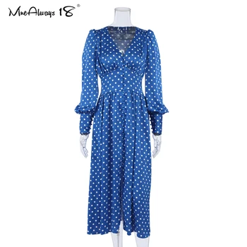 Mnealways18 Puff Sleeve Blue Polka Dot Kleita Sievietes, V-Veida Kakla Drukāt Satīna Kleita Puse Nakts Ir 2021. Dāmas Elegantas Plisētās Garās Kleitas
