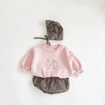Modes Jaundzimušo Meitene Kokvilnas Komplekts Zīdainim Bērnu Meitene Drēbes Karikatūra Lācis Drukāt garām Piedurknēm Krekls Topi+īsās+cepure 3pcs Bērnu Uzvalks