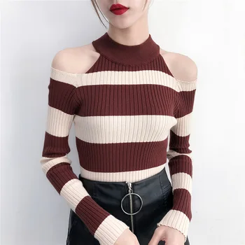 Modes Korejas Sexy Pie Pleca Džemperis Sievietēm Svītru Adīti Topi, Sieviešu Džemperis 2019 Rudens Ziemas Džemperi