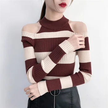 Modes Korejas Sexy Pie Pleca Džemperis Sievietēm Svītru Adīti Topi, Sieviešu Džemperis 2019 Rudens Ziemas Džemperi