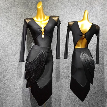 Modes Latīņamerikas Deju Tērpu Komplekts Sievietēm Ar Garām Piedurknēm Kleita Latīņu Konkurences Leotard+Svārki Bārkstis Kleita Salsas Latīņamerikas Deju Kleita