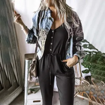 Modes Leopard Raibs Džinsa Jakas Sieviešu Jakas 2021. Gada Pavasara Mētelis Streetwear Kabatas Gadījuma Mētelis Dāmas Īss Stila Topi Y55