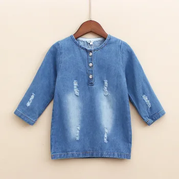 Modes pogas meiteņu džinsa kleita zilā mīksto jean auduma kleitas bērniem, bērnu apģērbi