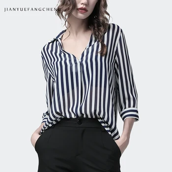 Modes Sievietes Svītraina Blūze POLO Krekls Jaunu 2019 Vasaras 7/10 Piedurknēm Vaļīgu pasaku Krekli Streetwear korejiešu Stilā Sieviete Augšu