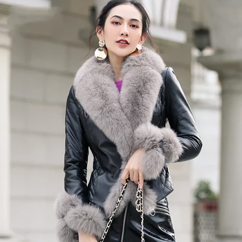 Modes sievietes, īstas aitādas ādas jaka ar big fox kažokādas apkakle rudens ziemas lady plus lieluma sieviešu ādas mētelis outwear