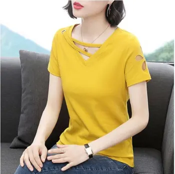 Modes Sieviešu Kokvilnas V-veida kakla tīrtoņa Krāsu Gadījuma Īsām Piedurknēm T-Krekls pelēkā 2019