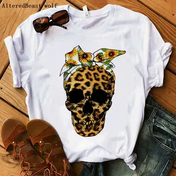 Modes Sieviešu T Krekls galvas apsējs Galvaskausa Saulespuķes T-krekls ar Leopards Drukāt Topi Tee Gadījuma Īsām Piedurknēm Sieviešu Punk Stilā Lady Tshirt