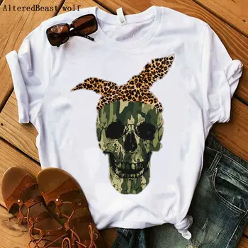 Modes Sieviešu T Krekls galvas apsējs Galvaskausa Saulespuķes T-krekls ar Leopards Drukāt Topi Tee Gadījuma Īsām Piedurknēm Sieviešu Punk Stilā Lady Tshirt