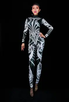 Modes Spīd Melna Balta Iespiests Rhinestone Jumpsuit Sieviešu Zeķes Kostīmu viengabala Bodysuit Stiept Apģērbs Kostīms Puse