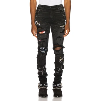 Modes Streetwear Vīriešu Džinsi Iznīcināta Ripped Džinsi Vīriešu, Elastīgās Bikses Punk Krāsas Izšuvumu Dizainers Hip Hop Izdilis Džinsi Homme