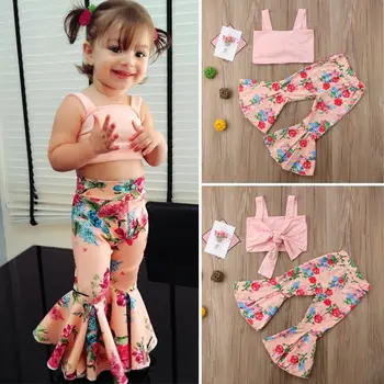 Modes Toddler Bērniem, Baby Meitenes Ziedu Krūšturis Crop Topi Bell-dibeni Bikses Tērpi Bērniem, Meiteņu Drēbes, Uzstādīt