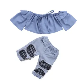 Modes Toddler Infant Baby Meitenes Pie Pleca Topi Džinsa Bikses Caurums Džinsu Apģērbs Iestatīt CA