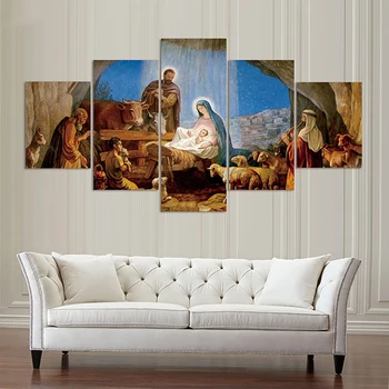 Moduļu Audekla Plakāta Mājas Dekoru Attēlus 5 Gabals/Gab Dzimšanas Kristiešu Jēzus Ierāmētas Sienas Mākslas Glezniecības HD Iespiesti Dzīvojamā Istaba