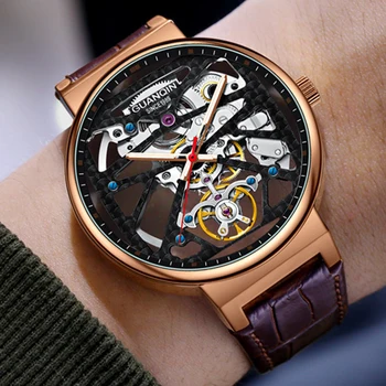 Montre Homme GUANQIN Automātiskā Safīra Mehāniskās Vīriešiem Skatīties Skelets Ūdensizturīgs Kalendāra 316L Tērauda rokas Pulkstenis zegarek męski