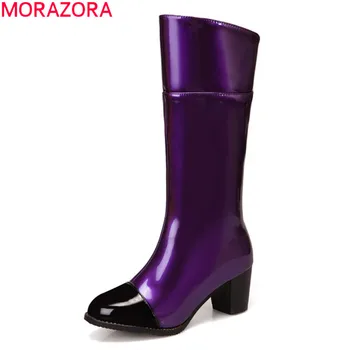MORAZORA 2020. gadam, Liela izmēra 34-48 sieviešu zābaki laukumā papēži apaļu purngalu ziemas dāmas kurpes 3 krāsas, modes sieviešu zābaki melnā zelta
