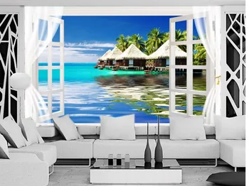 Mājas Apdare, kas Nav austas tapetes, 3d tapetes maldīvu salas stereoskopiskās 3d telpu windows 3d ziedu tapetes