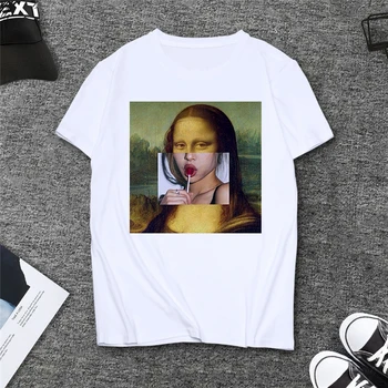 Mānīšanās Mona Lisa Bubble Gum Iespiests T-krekls Vasaras Sieviešu Modes Streetwear Harajuku Īsām piedurknēm Baltā T, Sieviešu Topi, t-veida