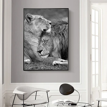 Mūsdienu Baltās un Melnās Āfrikas Lauvu Kanvas Glezna Dzīvnieku Ģimenes Plakāti un Izdrukas Sienas Art Pictures par Dzīves Telpu Dekorēšana
