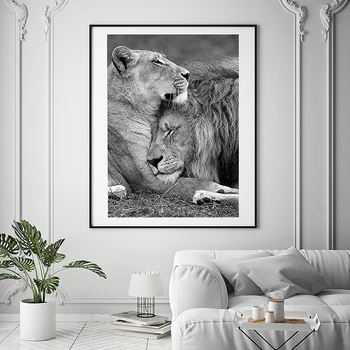 Mūsdienu Baltās un Melnās Āfrikas Lauvu Kanvas Glezna Dzīvnieku Ģimenes Plakāti un Izdrukas Sienas Art Pictures par Dzīves Telpu Dekorēšana