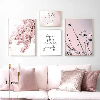 Mūsdienu rozā svaigi ainavas, plakātus, ziedus, putnu un kalna virsotni, audekla apgleznošana sienu apdare izdrukas, attēlu dzīvojamā istaba