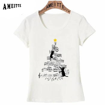 Mūzikas Piezīme Ziemassvētku Eglīte Kaķis Vintage Print T-krekls Jauno Vasaras Sieviešu T-Krekls Smieklīgi Meitene Gadījuma Tees 2019 Modes Topi Sieviete