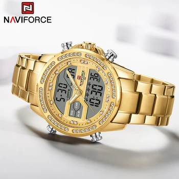 NAVIFORCE Luxury Gold Diamond Pulkstenis Vīriešiem Militārās Sporta Ūdensizturīgs Kvarca Pulkstenis Duālais Displejs Chronograph Vīriešu Rokas pulksteņi