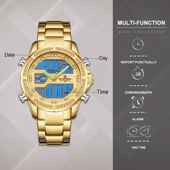 NAVIFORCE Luxury Gold Diamond Pulkstenis Vīriešiem Militārās Sporta Ūdensizturīgs Kvarca Pulkstenis Duālais Displejs Chronograph Vīriešu Rokas pulksteņi