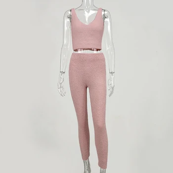 NewAsia Sieviešu Loungewear Uzstādīt Knitt Samta Divas Gabals, Kas Top Un Bikses Vasaras Bodycon Crop Topi, Bikses Skriešanas Femme 2020 Jaunas