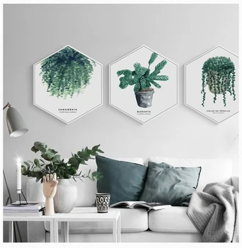 Nordic Style Atstāt Sešstūra Kanvas Glezna Zaļā Augu Siena Attēlu Dzīvojamā Istaba Unikāli Plakāti Un Izdrukas Mājās Apdare