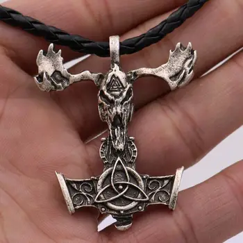Nostalģija Thor Hammer Mjolnir Kulons, Kaklarota, Skandināvu Vikingu Odin Valknut Trīsvienības Simbolu, Amuletu