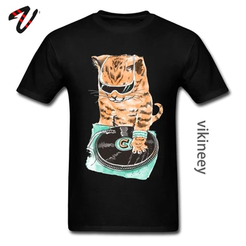 Nulles Master Kaķis Mūzikas DJ Rock T Electrophonic Disku Ieraksta Kaķis Hip Hop Drukāšanas Vīriešu T Krekls Bailīgs Apkalpes Kakla Kokvilna