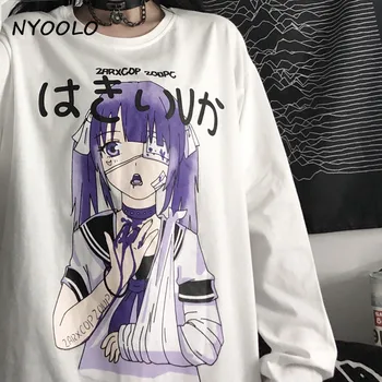 NYOOLO Harajuku Japāņu Anime multfilmu Cietusī meitene drukāt garām piedurknēm t-krekls sievietēm Pavasara rudens puloveri kokvilnas topi tee