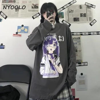 NYOOLO Harajuku Japāņu Anime multfilmu Cietusī meitene drukāt garām piedurknēm t-krekls sievietēm Pavasara rudens puloveri kokvilnas topi tee