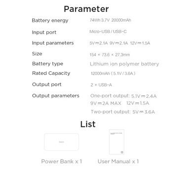 Oriģināls Xiaomi Redmi Portable Power Bank 20000mAh QC3 USB Type C Mi Powerbank Ārējais Akumulators Powerbank Par Smart Home