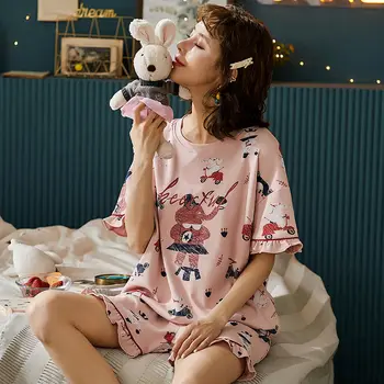 Pajama Komplekti Bikses Sievietēm, 2XL Vasaras Sleepwear Kawaii korejiešu Stilā, Studentiem Stretchy Stilīgs Iespiesti Ruffles Sieviešu Pidžamas 2gab
