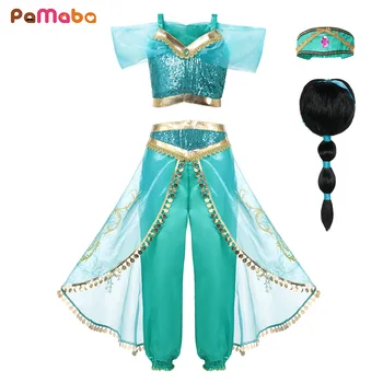 PaMaBa Meitenes Jasmīns Princese Kleita Halloween Drēbes Bērniem lamp Aladdin ir Bērnu Komplekts Jasmīns Top Bikses Cosplay Kostīms