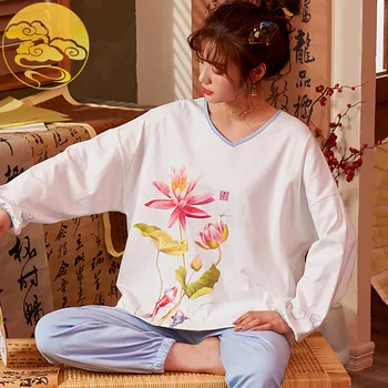 Pavasara Rudens Adīti Kokvilnas Eleganta Dāma, Sieviešu Pidžamas Komplekti Ziedu Drukāt Miega Lounge Budistu Stilā Pidžamas Sieviešu Modes Komplekts