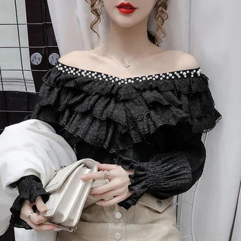 Pavasarī, Rudenī korejiešu Stila Blūze Modes Sexy Frēzēšana Raibs Mežģīnes Ruffles Sieviešu Topi Ropa Mujer Izlīdzināšanu Piedurknēm Krekls Jaunu T09415L