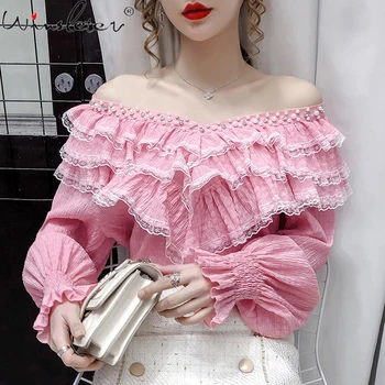 Pavasarī, Rudenī korejiešu Stila Blūze Modes Sexy Frēzēšana Raibs Mežģīnes Ruffles Sieviešu Topi Ropa Mujer Izlīdzināšanu Piedurknēm Krekls Jaunu T09415L