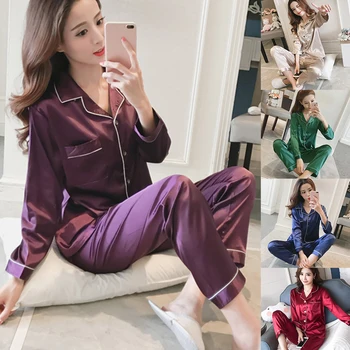 Pidžamas Komplekti Sieviešu Modes vienkrāsainu Atloks ar garām Piedurknēm Blūze Bikses Kopa Sleepwear Naktsveļu Gadījuma Homewear 2gab/set пижама