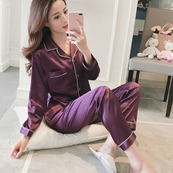 Pidžamas Komplekti Sieviešu Modes vienkrāsainu Atloks ar garām Piedurknēm Blūze Bikses Kopa Sleepwear Naktsveļu Gadījuma Homewear 2gab/set пижама