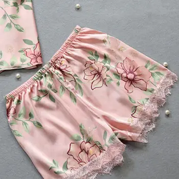 Pidžamas Komplekts Drukāts Ziedu Sleepwear Pidžamas Sexy Mežģīņu Sieviešu Apģērbu ar V-veida kakla Naktsveļu Pidžamas Īsas Plus Lieluma Rozā, Zilā 2020