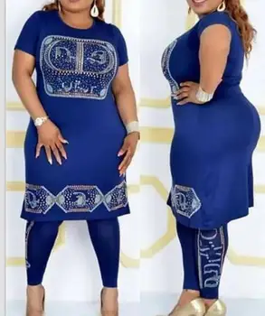 Plus Izmēra 5XL 6XL Divi Gabali Uzstādīt Tracksuit Sievietes Āfrikas Drēbes Slim Vēstuli Izdrukāt sporta Krekls O-veida Kakla Ilgi Top&Garās Bikses Kopa