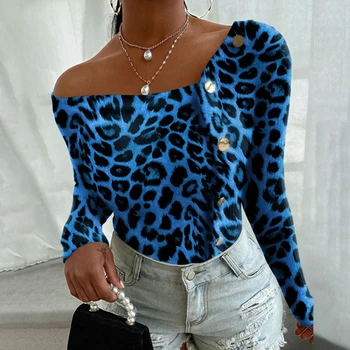Plus Izmēra 5XL Sieviešu Leopards Drukāt Casual Slim Pogu garām Piedurknēm T-Krekls Dāmas korejas Sexy Pie Pleca Topi Tee SJ7282R