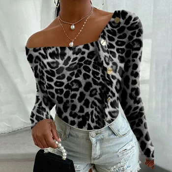 Plus Izmēra 5XL Sieviešu Leopards Drukāt Casual Slim Pogu garām Piedurknēm T-Krekls Dāmas korejas Sexy Pie Pleca Topi Tee SJ7282R