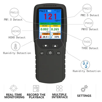 PM2.5 Gaisa Kvalitātes Detektoru TVOC PM 2.5 1.0 10 Monitoru HCHO Formaldehyd Detektora Temperatūras un Mitruma Mērītājs Gaisa Gāzu Analizators