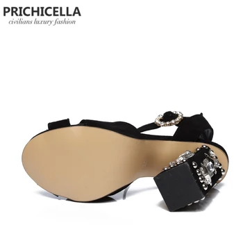 PRICHICELLA Stilīgu melnas zamšādas īstas ādas augstiem papēžiem kristāla reljefs sandales puse kurpes size41