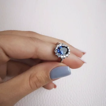 Princese Diāna gredzens pirksta Nekustamā 925 Sterling Sudraba, Zilā, zaļā Dabas Safīra dārgakmens Gredzeni Sievietēm Kāzu rotaslietas