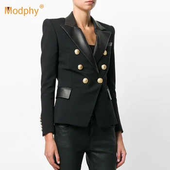 Pu Ādas Izšūšanas Audums Dāma Žakete Iecirtums Ar Garām Piedurknēm Dubultā Krūtīm Slim Mētelis Elegants Sieviešu Uzvalks 2020 Rudens Modes Jauns
